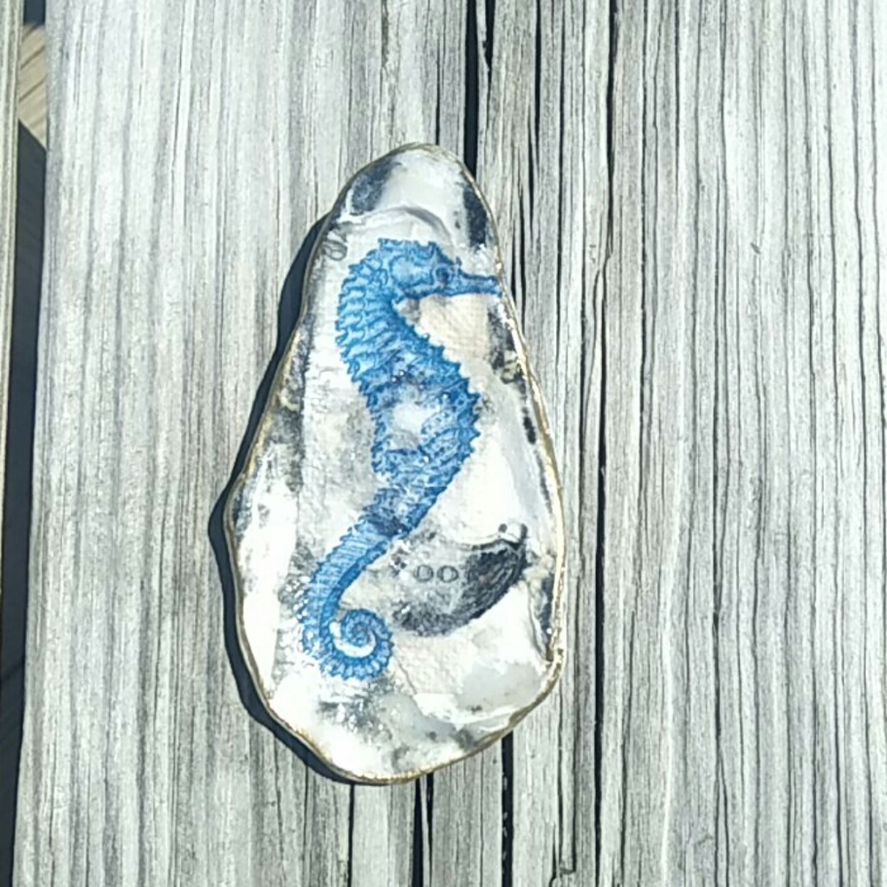 Seahorse Oyster Shell Ring dish 18k gold edges
